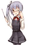  ;o adjusting_eyewear aikawa_ryou bangs belt belt_buckle bespectacled black_dress black_legwear blunt_bangs blush brown_eyes buckle buttons collared_shirt cowboy_shot double-breasted dress dress_shirt glasses hair_ribbon holding kantai_collection kasumi_(kantai_collection) long_hair long_sleeves looking_at_viewer one_eye_closed open_mouth pantyhose pinafore_dress pointer red-framed_eyewear red_ribbon remodel_(kantai_collection) ribbon shirt side_ponytail silver_hair simple_background solo white_background wing_collar 