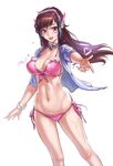  :d absurdres ass_visible_through_thighs bangle bangs bikini bracelet breasts brown_eyes brown_hair casual cowboy_shot d.va_(overwatch) facial_mark front-tie_bikini front-tie_top gloves headphones heart highres jacket jacket_over_swimsuit jewelry large_breasts long_hair looking_at_viewer navel open_mouth outstretched_hand overwatch pink_bikini side-tie_bikini signature simple_background smile solo sweat swimsuit tsuki_no_i-min whisker_markings white_background wristband 