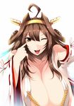  ;d ;p akanbe breasts brown_hair cleavage detached_sleeves huge_breasts kantai_collection kongou_(kantai_collection) long_hair looking_at_viewer one_eye_closed open_mouth smile solo tongue tongue_out tsukasawa_takamatsu v-shaped_eyebrows 