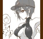  1girl apple black_hair breasts chibi cleavage dengeki!_pikachu dyson_(edaokunnsaikouya) dyson_giga_drain female fingerless_gloves gloves gym_leader hat kasumi_(pokemon) large_breasts monochrome nintendo one-piece_swimsuit pikachu pokemon pokemon_(manga) saliva short_hair sideboob sling_bikini smile solo swimsuit 