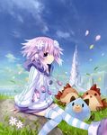  absurdres blush city d-pad d-pad_hair_ornament dogoo earphones grass hair_ornament highres hood hoodie looking_at_viewer neptune_(choujigen_game_neptune) neptune_(series) official_art purple_eyes purple_hair short_hair smile striped striped_legwear tower tsunako 