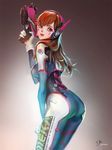  acronym arched_back armor artist_name ass bangs bodysuit bracer breasts brown_eyes brown_hair clothes_writing cowboy_shot d.va_(overwatch) facepaint facial_mark from_side gloves gradient gradient_background gun hand_on_leg hand_up handgun headphones high_collar highres holding holding_gun holding_weapon large_breasts leaning_forward lips long_hair looking_at_viewer looking_back makeup overwatch pauldrons pilot_suit pink_lips ribbed_bodysuit ryuukitsueja shoulder_pads smile solo thigh_strap tongue tongue_out turtleneck weapon whisker_markings white_gloves 