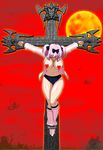  1girl artist_request bare_legs blush bow breasts buruma censored crucifixion defeated female hair_bow hibari_(senran_kagura) highres large_breasts legs no_bra pink_hair senran_kagura senran_kagura_(series) shiny_skin short_hair sky solo sweat thighs topless twintails 