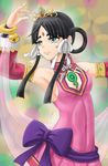  1girl black_hair facial_mark green_eyes gyakuten_saiban gyakuten_saiban_6 hair_rings jewelry kiteh4ck leifa_padma_kurain magatama necklace pink_shirt purple_bow tiara 