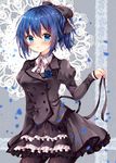  black_legwear blue_eyes blue_hair blush bow dress hair_bow nogi_takayoshi original pantyhose petals ribbon short_hair short_ponytail solo 