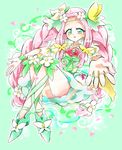  braid cure_felice flower flower_in_eye full_body green_background green_eyes green_footwear green_ribbon hair_flower hair_ornament hanami_kotoha highres kyapinetzu leg_ribbon long_hair looking_at_viewer magical_girl mahou_girls_precure! multicolored multicolored_eyes outstretched_arms pink_eyes pink_hair precure ribbon shoes skirt smile solo spread_arms symbol_in_eye twin_braids 