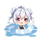  ahoge alternate_hairstyle bare_shoulders breasts chibi innertube large_breasts long_hair looking_at_viewer matoi_(pso2) milkpanda one-piece_swimsuit open_mouth phantasy_star phantasy_star_online_2 red_eyes silver_hair smile solo swimsuit twintails 
