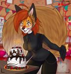  2016 anthro breasts brown_fur cake canine clothed clothing female food fox fur hair mammal open_mouth purrchinyan smile tongue 