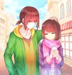  1girl brown_hair chara_(undertale) closed_eyes collarbone cup dayuh disposable_cup drinking_straw frisk_(undertale) holding hood hoodie jacket older open_mouth petting red_eyes scarf shirt short_ponytail smile spoilers undertale upper_body watermark web_address what_if winter_clothes 