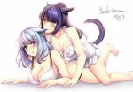  animal_ears aqua_eyes aruma_jiki barefoot biting blue_eyes blush breasts cat_ears cat_tail chestnut_mouth cleavage collarbone ear_biting facial_mark final_fantasy final_fantasy_xiv followers halterneck heterochromia large_breasts long_hair lying miqo'te multiple_girls on_stomach one-piece_swimsuit open_mouth ponytail purple_hair silver_hair swimsuit tail white_swimsuit yellow_eyes yuri 