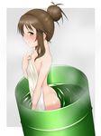  absurdres ass bangs bath blush brown_hair collarbone covering cowboy_shot drum_(container) drum_bath dutch_angle eyebrows eyebrows_visible_through_hair flat_chest from_side grey_background hair_bun highres holding holding_towel idolmaster idolmaster_cinderella_girls ketagane looking_to_the_side nude parted_lips profile sidelocks simple_background smile solo standing takamori_aiko towel wading water yellow_eyes 