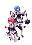  &gt;:( apron arm_garter ball_and_chain bangs black_bow black_footwear black_ribbon blue_eyes blue_hair blue_ribbon bow breasts cleavage closed_mouth detached_sleeves dress dual_wielding eyes_visible_through_hair fkey food frills frown full_body garters hair_ornament hair_over_one_eye hair_ribbon hairband highres holding holding_food holding_weapon legs_apart looking_at_viewer maid mary_janes medium_breasts multiple_girls neck_ribbon one_knee outstretched_arms pink_hair purple_ribbon ram_(re:zero) re:zero_kara_hajimeru_isekai_seikatsu red_eyes rem_(re:zero) ribbon ribbon-trimmed_clothes ribbon-trimmed_sleeves ribbon_trim shoes short_hair siblings simple_background sisters small_breasts spikes standing sweet_potato swept_bangs thighhighs twins underbust v-shaped_eyebrows waist_apron weapon white_apron white_background white_bow white_legwear wide_sleeves x_hair_ornament 