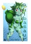  2016 anthro anthrofied big_breasts blush breasts bulbasaur cleavage clothed clothing fangs female green_hair green_skin hair hindpaw looking_at_viewer navel nerdbayne nintendo panties paws pok&eacute;mon red_eyes seed short_hair side_boob slightly_chubby smile solo standing teeeth thick_thighs underwear video_games 