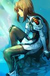  blue_eyes brown_hair elhaym_van_houten hankuri long_hair orange_hair pantyhose solo uniform very_long_hair xenogears 