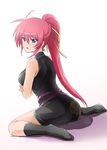  bare_shoulders belt black_dress black_legwear blue_eyes blush breasts crossed_arms diesel-turbo dress hair_ribbon jewelry large_breasts long_hair lyrical_nanoha mahou_shoujo_lyrical_nanoha mahou_shoujo_lyrical_nanoha_a's necklace open_mouth pink_hair ponytail ribbon sidelocks signum sitting socks solo wariza 