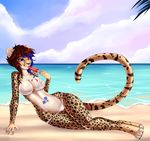  beach bikini blue_eyes blue_hair breasts cheetah cleavage clothed clothing conditional_dnp dripping feline female food hair licking mammal mrawl nipples popsicle sea seaside spots sun surody surody_(copyright) swimsuit tattoo tongue tongue_out water wet 