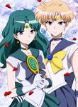  bishoujo_senshi_sailor_moon blonde_hair blue_choker blue_eyes blue_sailor_collar bow choker circlet collarbone couple deep_aqua_mirror earrings gloves green_hair highres jewelry kaiou_michiru kumax5 long_hair looking_at_viewer magical_girl mirror multiple_girls outer_senshi petals rose_petals sailor_collar sailor_neptune sailor_senshi sailor_senshi_uniform sailor_uranus short_hair skirt smile ten'ou_haruka tiara very_short_hair white_gloves yuri 