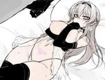  bed blush breasts elbow_gloves embarrassed gloves grey_hair highleg highleg_panties large_breasts lilia_(null) long_hair nightgown nipples null_(nyanpyoun) original panties pillow pointy_ears pubic_tattoo red_eyes sketch solo tattoo thighhighs underwear 