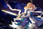  1girl ahoge blonde_hair braid cloak dress fate/grand_order fate/stay_night fate_(series) female gloves green_eyes saber short_hair solo sword tied_hair tsubasa19900920 warrior water weapon 