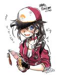  accessories alternate_costume anchor_symbol artist_name baseball_cap black_hair blue_eyes blush braid cellphone choker collarbone commentary_request cosplay female_protagonist_(pokemon_go) female_protagonist_(pokemon_go)_(cosplay) fingerless_gloves gloves hair_flaps hair_over_shoulder hat jacket kantai_collection long_hair looking_at_viewer nose_blush phone pokemon pokemon_go shigure_(kantai_collection) simple_background single_braid smartphone solo sweatdrop takana_shinno the_yuudachi-like_creature track_jacket translated upper_body white_background 
