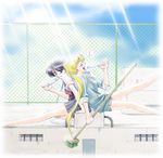  back-to-back bare_legs bishoujo_senshi_sailor_moon blonde_hair broom closed_eyes fence food friends hino_rei long_hair multiple_girls pleated_skirt poolside popsicle sitting skirt summer takano_saku tsukino_usagi 