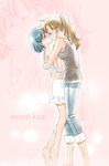  2girls bishoujo_senshi_sailor_moon blue_hair blush brown_hair casual closed_eyes couple denim dress english from_side high_ponytail holding hug jeans kino_makoto kiss mizuno_ami multiple_girls pants ponytail short_dress short_hair sleeveless takano_saku tiptoe_kiss tiptoes white_dress yuri zoom_layer 