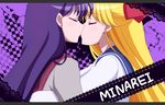  aino_minako bishoujo_senshi_sailor_moon black_hair blonde_hair blue_sailor_collar closed_eyes eyebrows eyebrows_visible_through_hair hino_rei kiss kumax5 letterboxed long_hair multiple_girls purple_background sailor_collar school_uniform shiba_koen_middle_school_uniform ta_girls_school_uniform yuri 