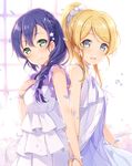  6u_(eternal_land) ayase_eli back-to-back bare_shoulders bead_bracelet beads blonde_hair blue_eyes blue_hair blush bow bracelet braid bubble commentary_request dress green_eyes hair_bow hair_ornament hair_scrunchie holding_hands jewelry lavender_bow long_hair looking_at_viewer love_live! love_live!_school_idol_project multiple_girls petals ponytail scrunchie single_braid sleeveless sleeveless_dress smile toujou_nozomi upper_body white_dress white_scrunchie 