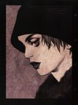  border closed_mouth coat expressionless hat highres lips looking_at_viewer monochrome murata_renji scan short_hair solo upper_body 