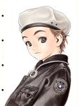  :3 brown_hair closed_mouth emblem eyebrows from_side green_eyes hat highres jacket leather leather_jacket light_smile logo looking_at_viewer murata_renji simple_background solo unzipped upper_body white_background zipper 
