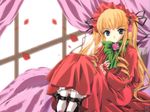 artist_request black_footwear blonde_hair blue_eyes bonnet bow capelet curtains dress flower full_body green_bow long_hair long_sleeves looking_at_viewer pantyhose petals pink_flower pink_rose red_capelet red_dress rose rozen_maiden shinku shoes sitting smile solo twintails white_legwear window 