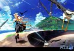  air aratani_tomoe bird blonde_hair cat crow day dress flock highres kamio_misuzu landscape long_hair ocean scenery school_uniform seagull solo sora_(air) very_long_hair wind 