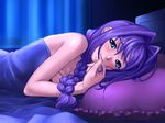  afterglow aqua_eyes bed blush braid breasts cleavage closed_mouth covering frilled_pillow frills hair_intakes hair_over_shoulder kanon long_hair looking_at_viewer mature medium_breasts minase_akiko pillow purple_hair single_braid smile solo under_covers zen 