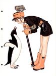  armband bird boots broom brown_hair clothes_writing dress face-to-face full_body gloves hat highres holding leaning_forward long_sleeves murata_renji penguin profile rubber_boots short_hair shorts simple_background solo standing sweatdrop uniform white_background 