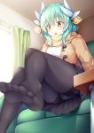  ass bangs blush chair coat commentary curtains dragon_horns duffel_coat eyebrows_visible_through_hair fate/grand_order fate_(series) feet from_below green_hair hair_between_eyes hair_ornament highres horns indoors kiyohime_(fate/grand_order) long_hair looking_down open_clothes open_coat open_mouth panties panties_under_pantyhose pantyhose ribbed_sweater scarf sidelocks soles sweater underwear yellow_eyes yuki_kawachi 
