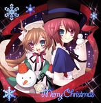  antlers blush brown_hair christmas dress fang hat heterochromia highres long_hair mittens multiple_girls ribbon room603 rozen_maiden short_hair siblings sisters smile snowflakes snowman souseiseki suiseiseki top_hat twins very_long_hair 