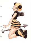  animal_ears bee_girl between_legs costume fake_wings full_body hat highres holding insect_girl insect_wings looking_at_viewer monster_girl murata_renji open_mouth simple_background sleeveless solo white_background wings 