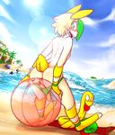  anus backsack ball balls beach beach_ball blonde_hair blush butt cloud erection fur green_hair hair humanoid_penis kyubikun lagomorph looking_back male mammal nipples penis public rabbit seaside solo water yellow_fur 