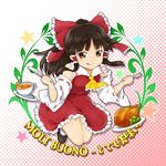  :q ascot bare_shoulders blush bow brown_eyes brown_hair cup detached_sleeves folded_leg food fork fukaiton hair_bow hair_tubes hakurei_reimu halftone halftone_background knife looking_at_viewer pink_background solo teacup tongue tongue_out touhou turkey_(food) 