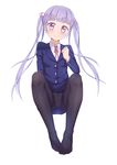  black_legwear breasts caibao highres long_hair looking_at_viewer new_game! panties panties_under_pantyhose pantyhose pantyshot purple_eyes purple_hair small_breasts smile solo suzukaze_aoba twintails underwear 