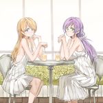  ayase_eli bangs bare_shoulders blonde_hair blue_eyes blush breast_rest breasts dress green_eyes hair_down highres looking_at_viewer love_live! love_live!_school_idol_project low_twintails multiple_girls purple_hair sideboob small_breasts smile sundress swept_bangs toujou_nozomi twintails white_dress yohan1754 