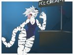  2016 anthro blood breasts cleavage clothed clothing dessert draekos feline female food fur ice_cream icecreamcone invalid_color mammal mounth nosebleed onepiece open_mouth simple_background spectra(eosets) stripes swimsuit tiger tongue tongue_out white_fur 