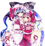  ascot bat_wings blonde_hair blue_hair blush bow brooch collaboration flandre_scarlet ginzuki_ringo hands_on_own_face hat hat_bow jewelry mob_cap multiple_girls open_mouth red_eyes remilia_scarlet shanghai_bisu siblings sisters steepled_fingers touhou wings 