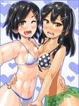  alternate_costume bare_shoulders bikini black_hair blush breast_press breasts collarbone eyebrows fang futomashio hair_ornament hairclip hand_on_another's_hip heart highres kantai_collection kuroshio_(kantai_collection) long_hair medium_breasts multiple_girls navel one_eye_closed open_mouth oyashio_(kantai_collection) polka_dot polka_dot_bikini short_hair swimsuit symmetrical_docking tan thick_eyebrows tongue twitter_username yellow_eyes 
