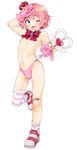  bandaid blue_eyes blush bow bulge commentary_request crown full_body gloves highres magical_boy male_focus navel nipples one_eye_closed open_mouth original pink_gloves pink_hair salute shoes smile solo utsunomiya_hetaru wand 