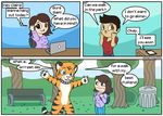  2016 anthro bench black_eyes blue_eyes brown_eyes brown_hair cellphone clothing collar comic computer duo feline female fur furry_lifestyle fursuit fuzzt0ne hair hi_res hoodie human humor inside laptop male mammal open_mouth orange_fur outside pawpads phone pun speech_bubble stripes teeth tiger trash_can tree white_fur 