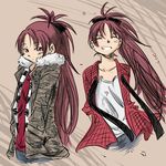  arms_behind_back bow closed_eyes dl fur_trim grin hair_bow hands_in_pockets jacket long_hair long_sleeves looking_at_viewer mahou_shoujo_madoka_magica multiple_views open_clothes open_jacket open_shirt ponytail red_eyes red_hair sakura_kyouko shirt sideways_glance smile standing upper_body very_long_hair wind 