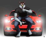  2016 4_toes 5_fingers anthro barefoot beard billy_leigh black_nose blue_eyes brown_fur canine car claws clothed clothing digital_media_(artwork) facial_hair ford front_view fur gradient_background grey_fur headlights hi_res light looking_at_viewer male mammal multicolored_fur mustang_(car) pants raised_eyebrow rov shirt signature simple_background sitting solo tan_fur toe_claws toes vehicle white_fur wolf 