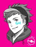  bad_id bad_twitter_id body_writing close-up commentary_request greyscale hood kozaki_yuusuke looking_at_viewer male_focus male_protagonist_(pokemon_go) monochrome pink_background poke_ball pokemon pokemon_go simple_background smile solo visor_cap 