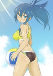  ass beach_volleyball blue_eyes blue_hair cloud day hair_between_eyes imura_(shiro_maru) light_rays long_hair looking_at_viewer looking_back original ponytail shiro_maru sidelocks sky solo sports_bikini sweat tan tanline 